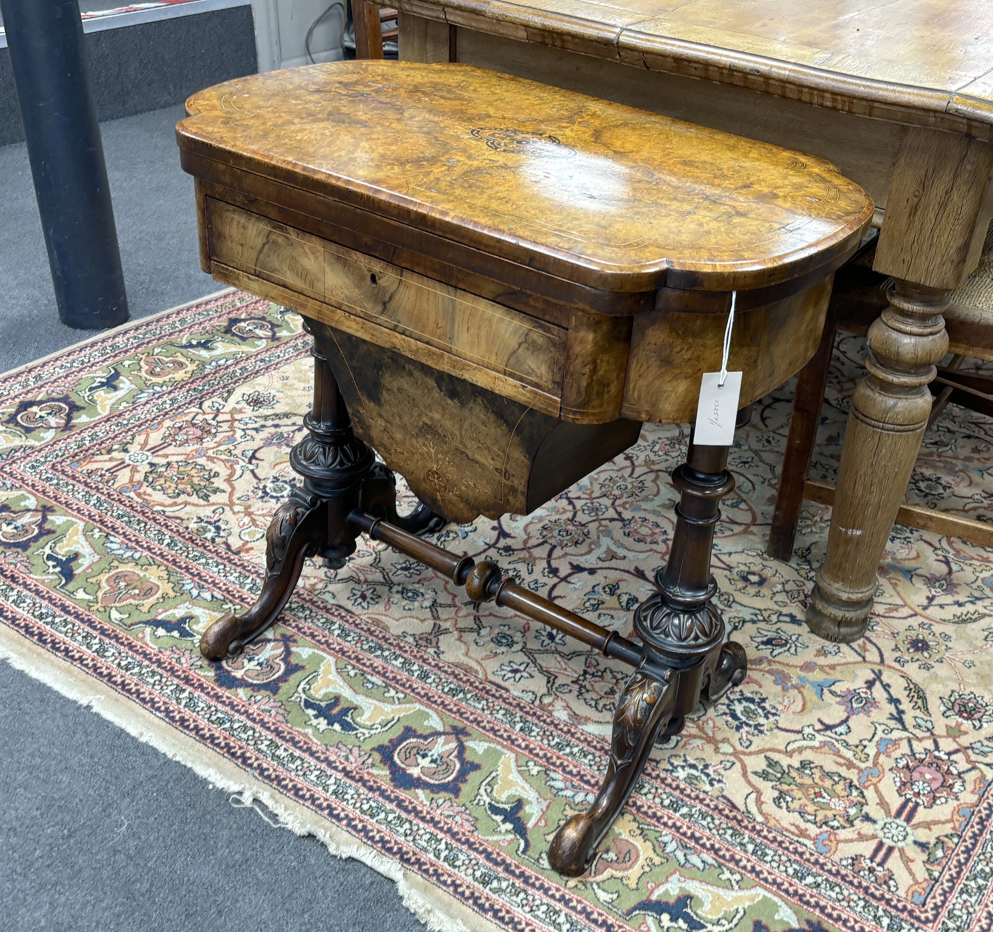 A Victorian inlaid burr walnut games / work table, width 70cm, depth 46cm, height 69cm